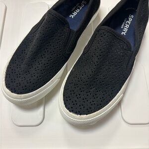 Sperry Black and White Loafers with Textured Upper